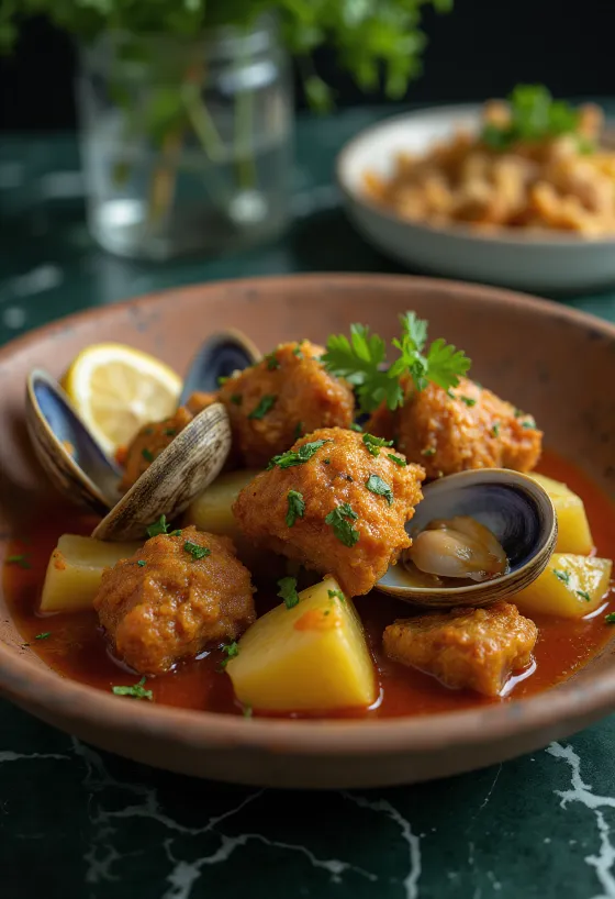 Carne de porco à Alentejana Portugees gerecht geserveerd