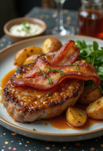 Zigeunersteak geserveerd met krokante spekreepjes en verse groenten