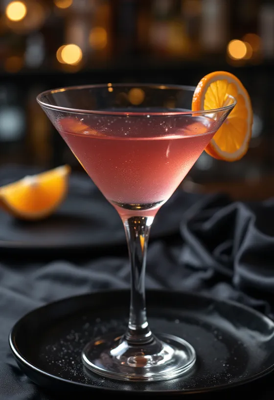 Cosmopolitan cocktail gegarneerd met sinaasappelschil
