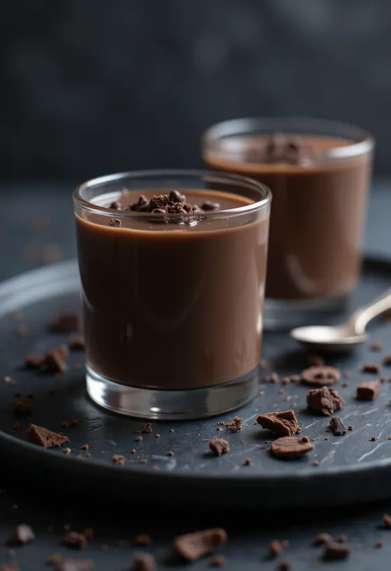 Chocolade panna cotta versierd met bessen en chocoladeschaafsel