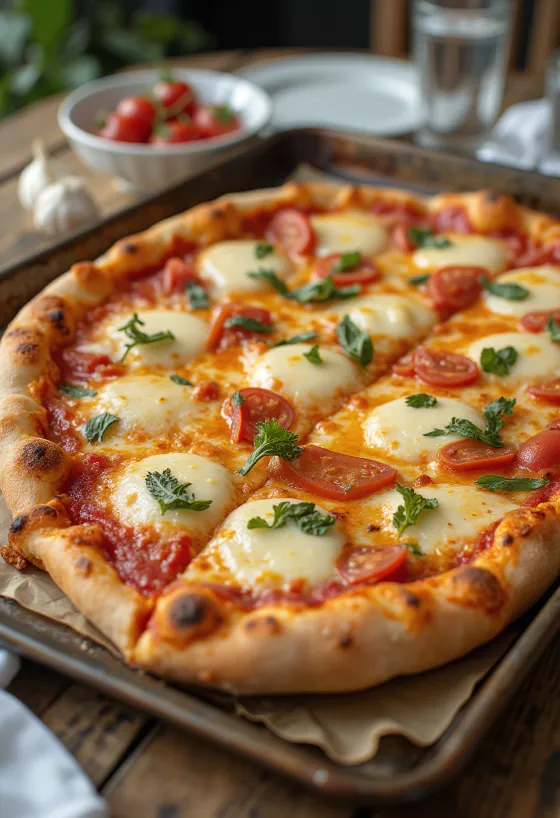 Grandma pizza met langwerpig deeg en kaas