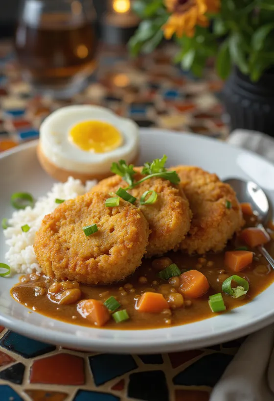 Haggis katsu curry stijl, in krokant jasje gebakken plakjes geserveerd met currysaus