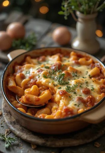 Pasta-ovenschotel met gehakt, sappig gehakt en gesmolten kaas bovenop