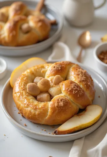 Pretzel met peer en kaneel geserveerd