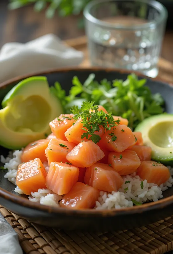 Poké bowl met zalm, verse groenten op rijst, gegarneerd met koriander.