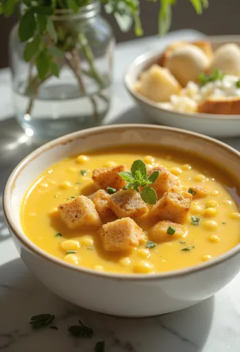 Gele spliterwtensoep geserveerd met gerookte worst en verse peterselie