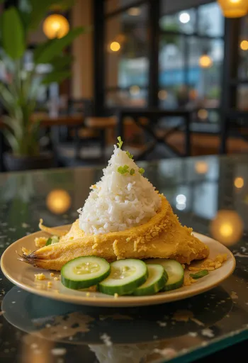 Tumpeng nasi uduk geserveerd, vers bereid, versierd