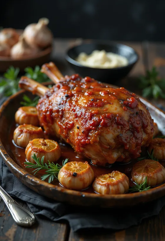 Lamsvlees uit de oven met ajvar, verse peterselie en gebakken aardappelen