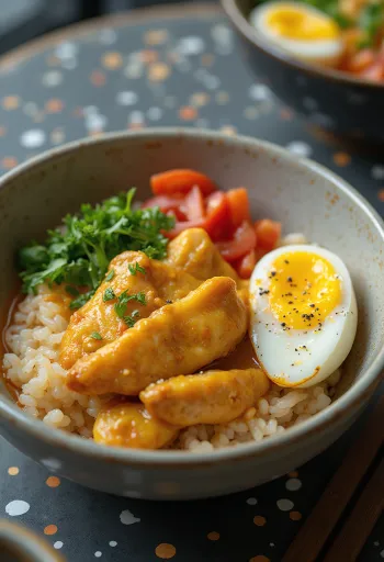 Oyakodon met curry en groenten op een bord, met ei en groenten