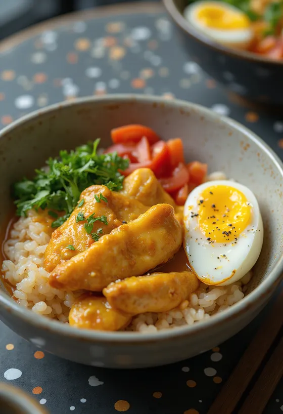 Oyakodon met curry en groenten op een bord, met ei en groenten
