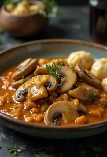 Romige paddenstoelenpaprikash geserveerd met verse peterselie en nokedli (spätzle)