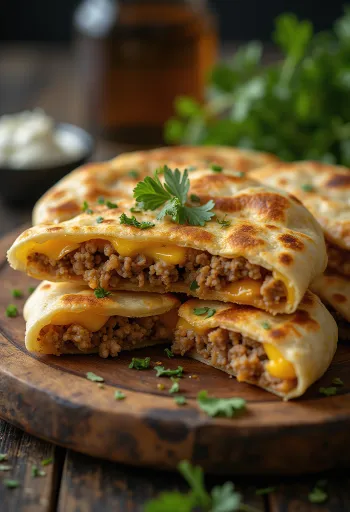 Haggis quesadilla, goudbruin gebakken tortilla, gevuld met groenten en kaas