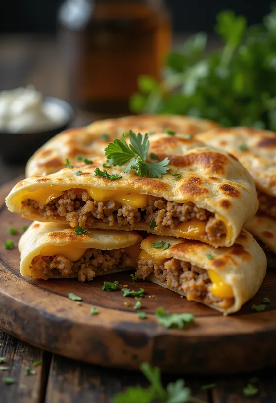 Haggis quesadilla, goudbruin gebakken tortilla, gevuld met groenten en kaas