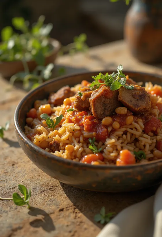 Koshari met gerookt vlees, Egyptisch gerecht van rijst, linzen en macaroni in rijke tomatensaus