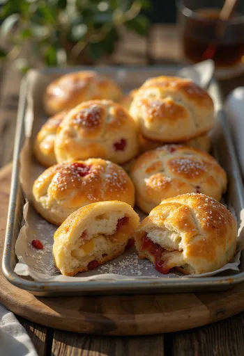 Zachte buns met jam bestrooid met poedersuiker, geserveerd op een dienblad.