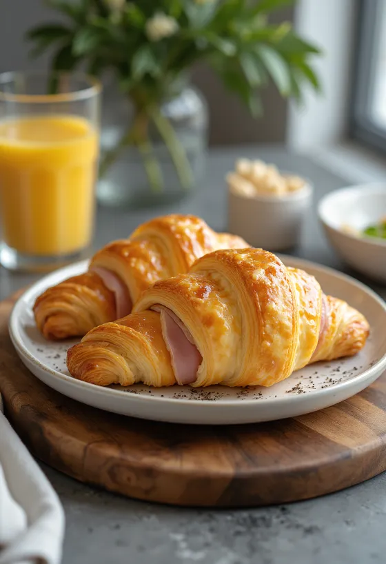 Boterachtige croissantlagen gevuld met ham en gesmolten kaas