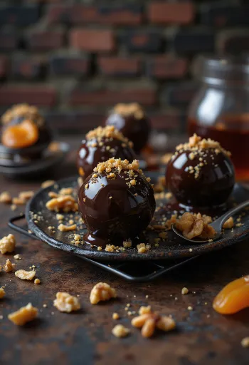 Gerbeaud-ballen gedoopt in chocolade en versierd met walnoot