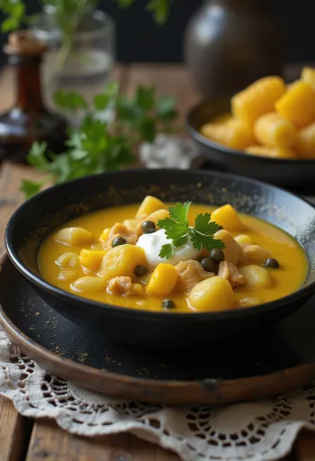 Ajiaco met kappertjes geserveerd, rijk aan groenten en kruiden