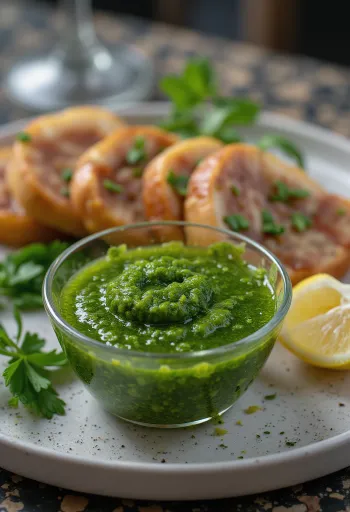 Chimichurri saus geserveerd bij gegrild vlees