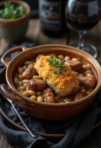 Cassoulet Franse bonenschotel met vlees geserveerd