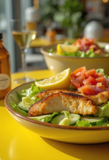 Frisse kipsalade met knapperige groenten en gegrilde kipfilet, met balsamico dressing