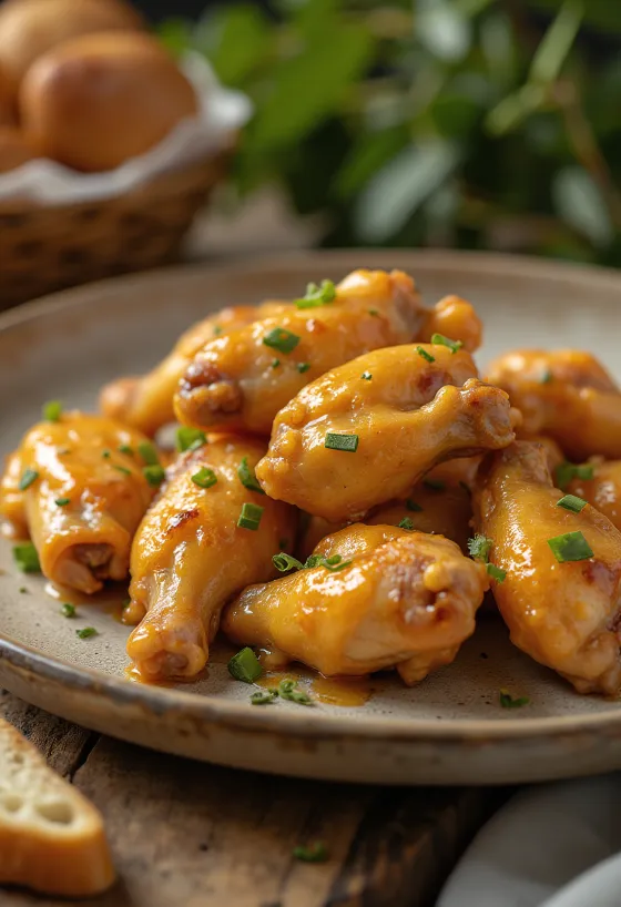 Kippenvleugels met honing-mosterdsaus geserveerd