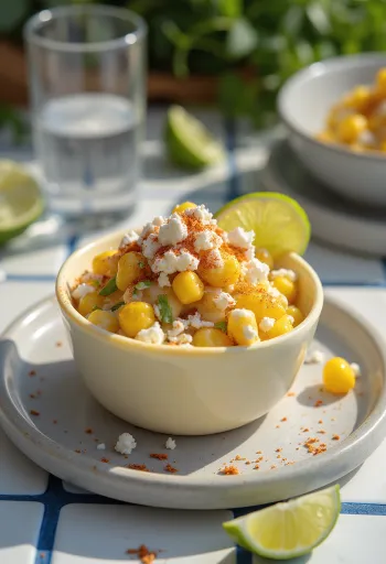 Esquites met feta en koriander geserveerd, met frisse limoen
