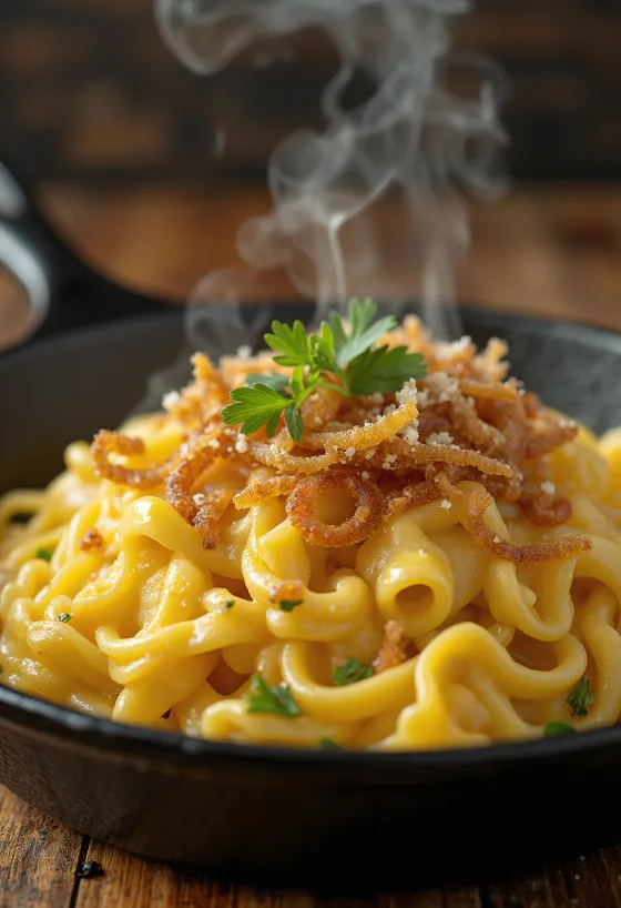 Käsespätzle, Oostenrijkse kaaspasta met gerookte ham en gebakken uitjes