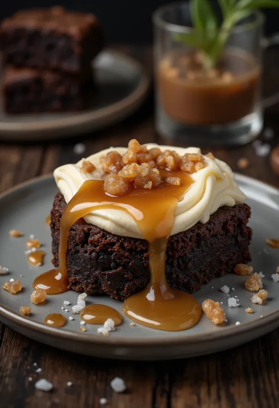 Kladdkaka met gezouten karamel-cheesecake, met mooie goudbruine lagen