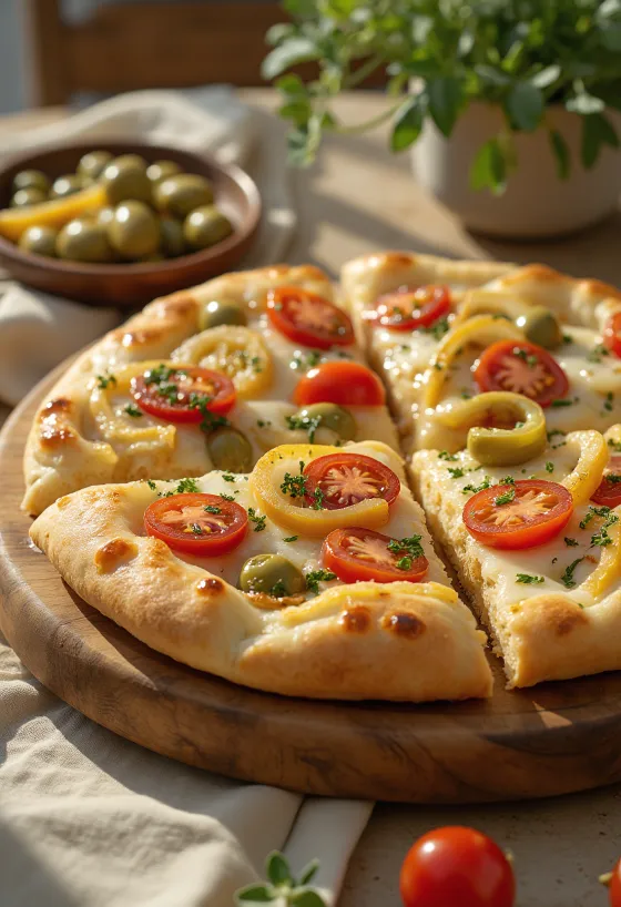 Mediterrane focaccia met groenten geserveerd