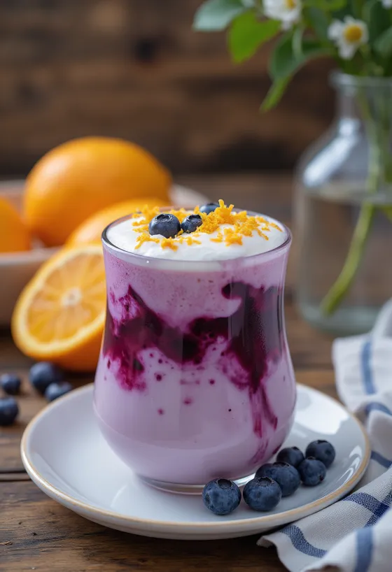 Sinaasappel-bosbessen latte in een glas