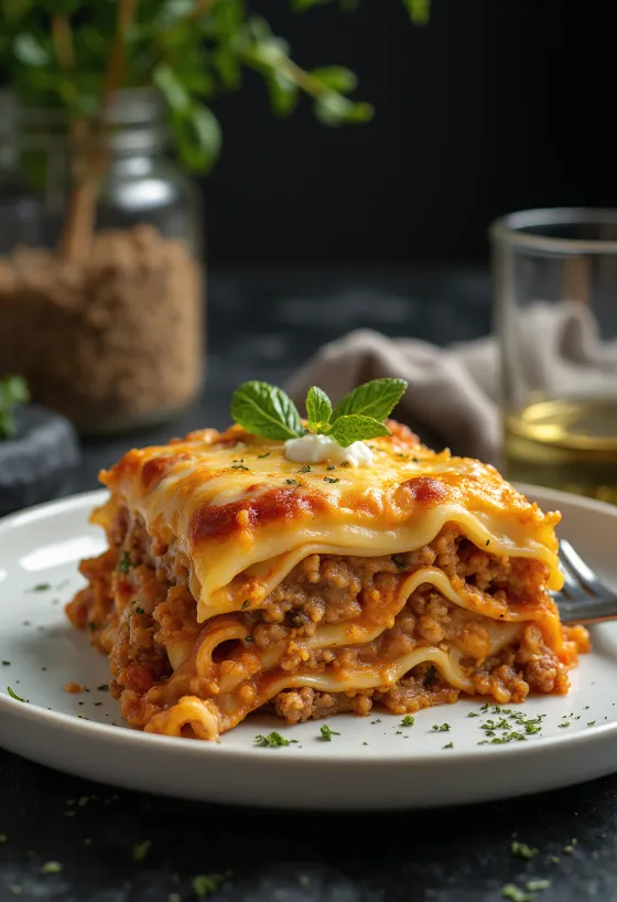 Italiaanse lasagne gelaagd met sappig rundergehakt in tomatensaus en romige bechamel