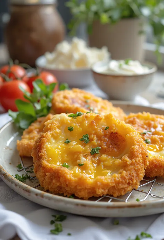 Gepaneerde aubergine in krokant jasje, goudbruin gebakken