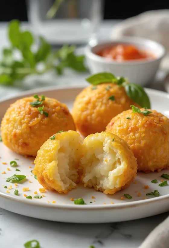 Rijstballetjes geserveerd met tomatensaus