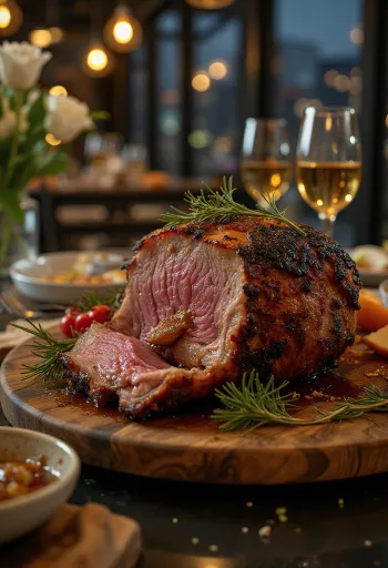 Gebraden wildzwijn met honingglazuur geserveerd met geroosterde groenten.