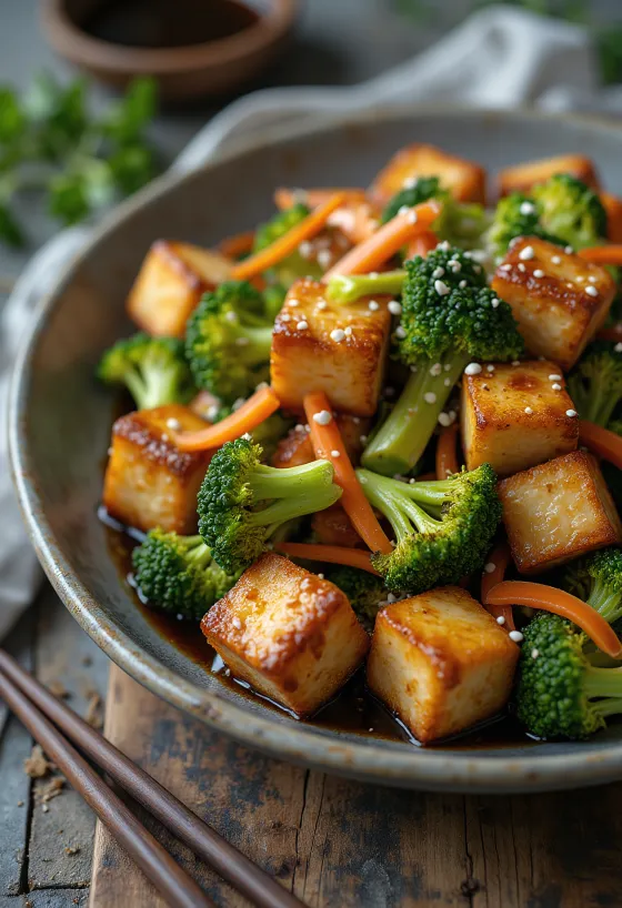 Gebakken tofu met broccolisalade geserveerd