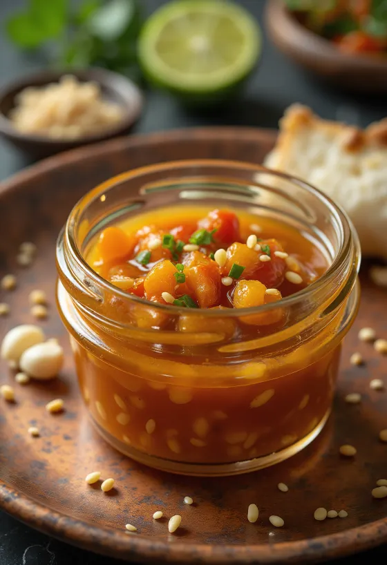 Sesam-chili-limoensaus geserveerd