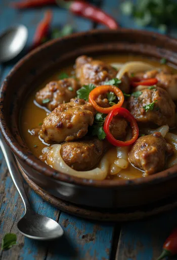 Adobo met kokosmelk, rijk, gekruid gerecht geserveerd met rijst en koriander