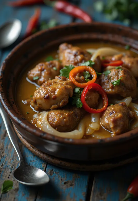 Adobo met kokosmelk, rijk, gekruid gerecht geserveerd met rijst en koriander
