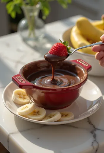 Warme chocoladefondue geserveerd met fruit en stukjes biscuit.