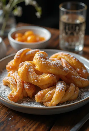 Engle wings bestrooid met poedersuiker, geserveerd met jam