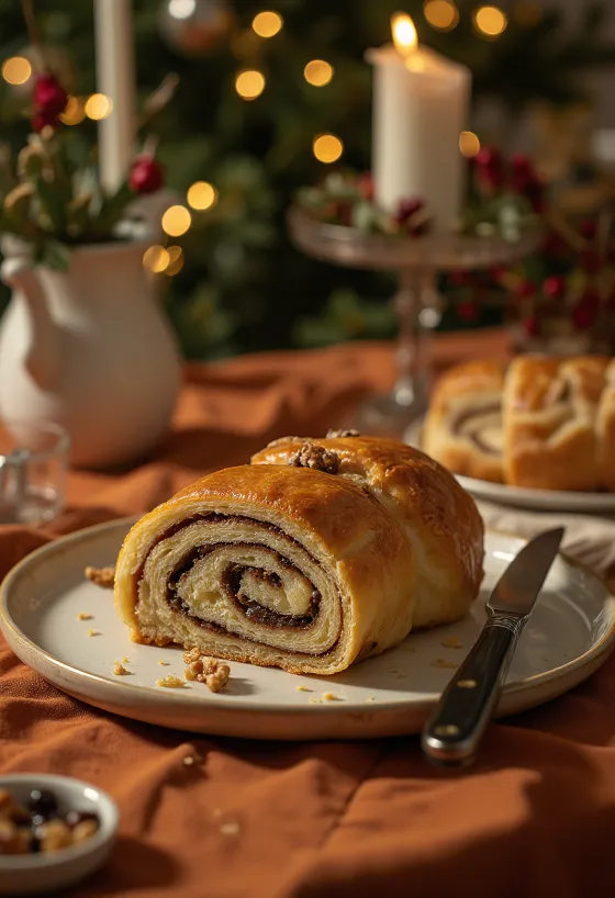 Vers gebakken plakjes notenrol.