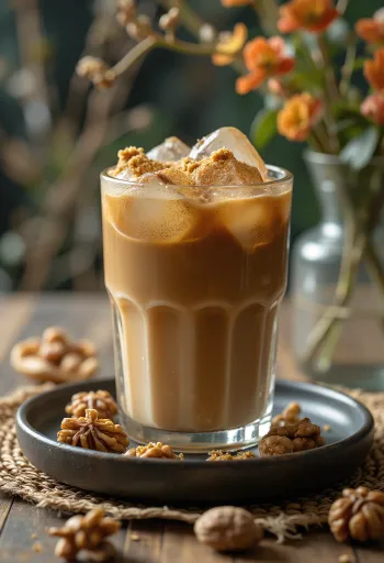 Romige ijskoffie met walnoot, ijs en slagroom