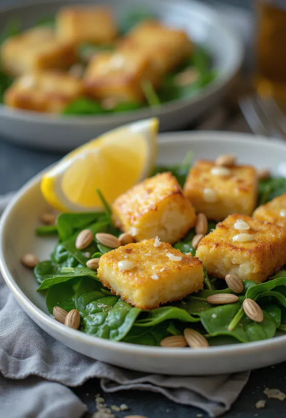 Knoflooktofu met spinaziesalade geserveerd met verse en knapperige groenten