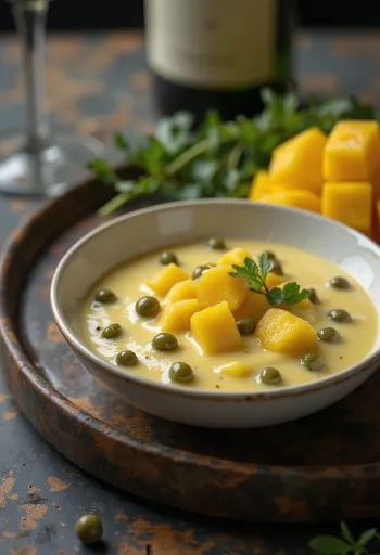 Romige mangosaus met kappertjes geserveerd