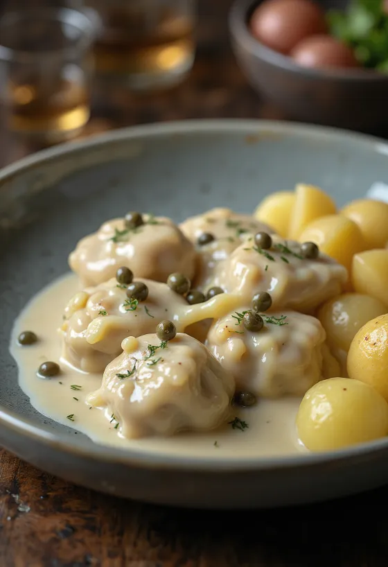 Königsberger Klopse geserveerd met kappertjessaus