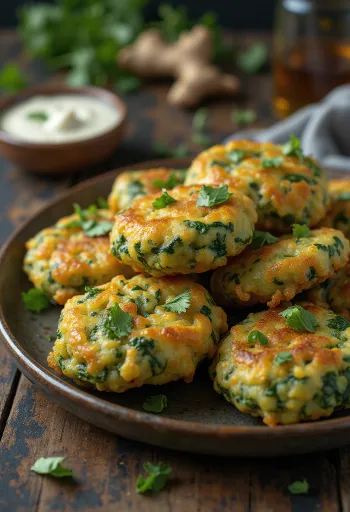 Pakora met spinazie, goudbruine en knapperige hapjes geserveerd