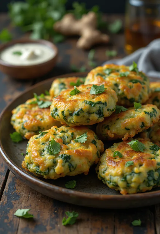 Pakora met spinazie, goudbruine en knapperige hapjes geserveerd