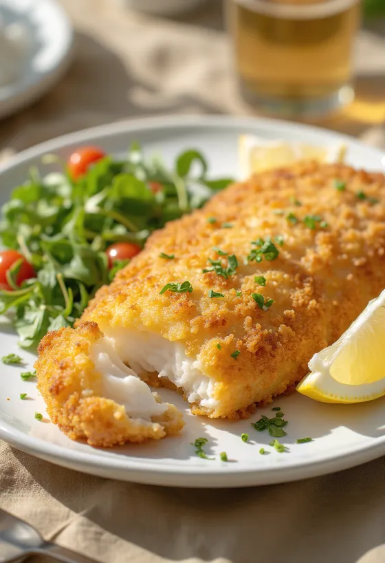 Krokante gepaneerde visfilet goudbruin gebakken, geserveerd met verse citroenschijfjes en groenten.