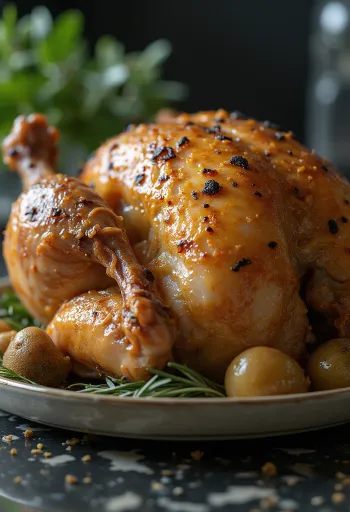 Gebraden kapoen met truffelboter geserveerd met geroosterde groenten.